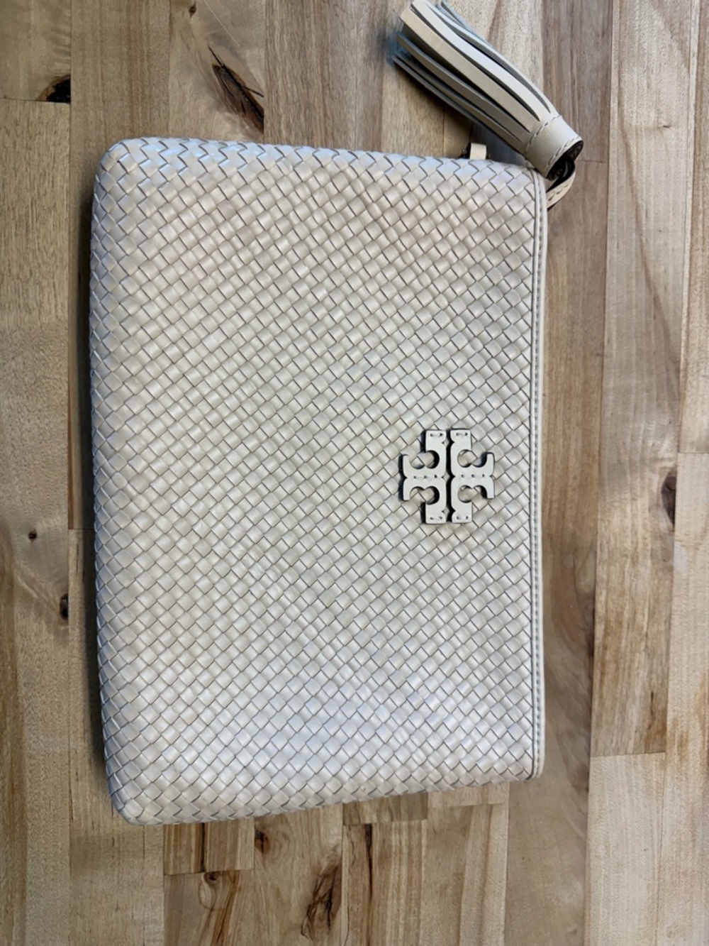 Tory Burch Cream Woven Zip Pouch with Tassel